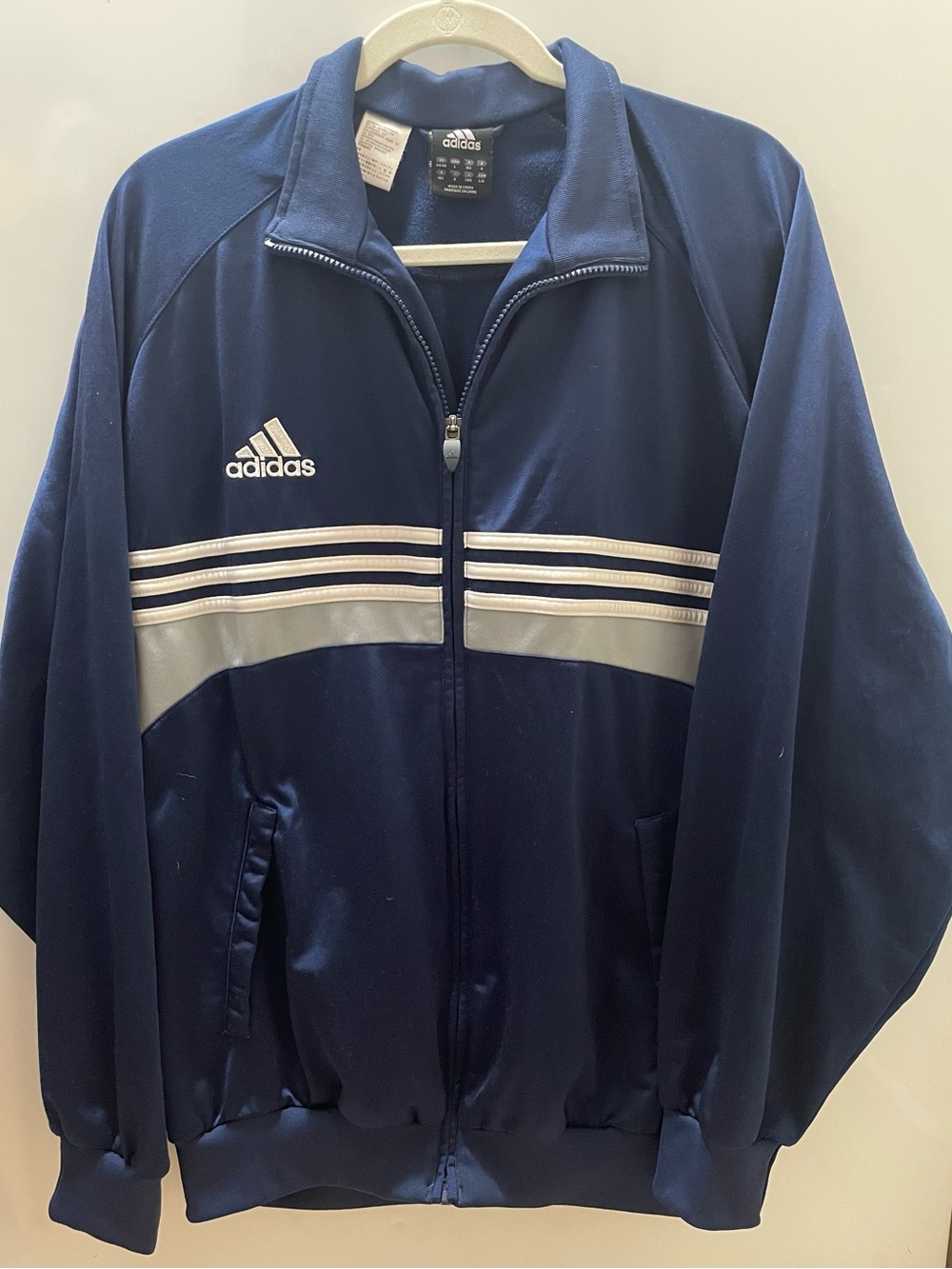 Adidas Mens Navy Blue Full Zip Track Jacket White 3 Stripe Embroidered Logo L